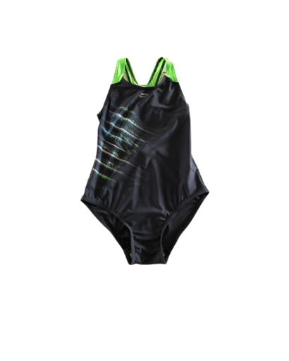 [13705] Swimsuit Sportback Juniors One Piece 13yrs (XL) Black/Green Slazenger